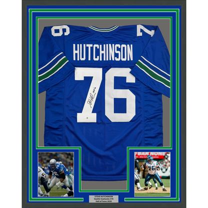 Framed Autographed/Signed Steve Hutchinson HOF 20 35x39 Seattle Blue Football Jersey JSA COA