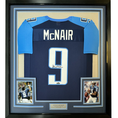 Framed Facsimile Autographed Steve McNair 35x39 Tennessee Navy Blue Reprint Laser Auto Football Jersey