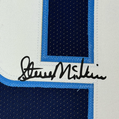 Framed Facsimile Autographed Steve McNair 35x39 Tennessee Navy Blue Reprint Laser Auto Football Jersey
