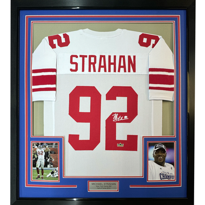 Framed Facsimile Autographed Michael Strahan 35x39 New York White Reprint Laser Auto Football Jersey