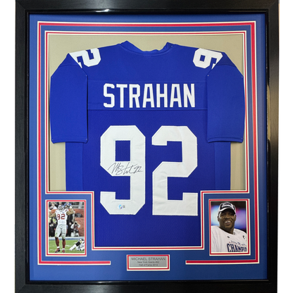Framed Autographed/Signed Michael Strahan 35x39 New York Blue Football Jersey JSA COA