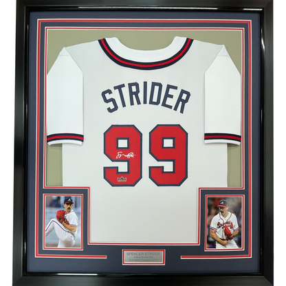 Framed Facsimile Autographed Spencer Strider 35x39 Atlanta White Reprint Laser Auto Baseball Jersey