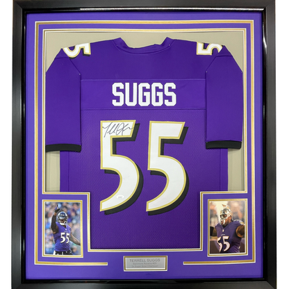 Framed Autographed/Signed Terrell Suggs 35x39 Baltimore Purple Football Jersey JSA COA