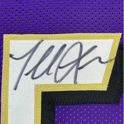Framed Autographed/Signed Terrell Suggs 35x39 Baltimore Purple Football Jersey JSA COA