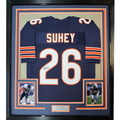 Framed Autographed/Signed Matt Suhey Chicago 35x39 Blue Football Jersey JSA COA