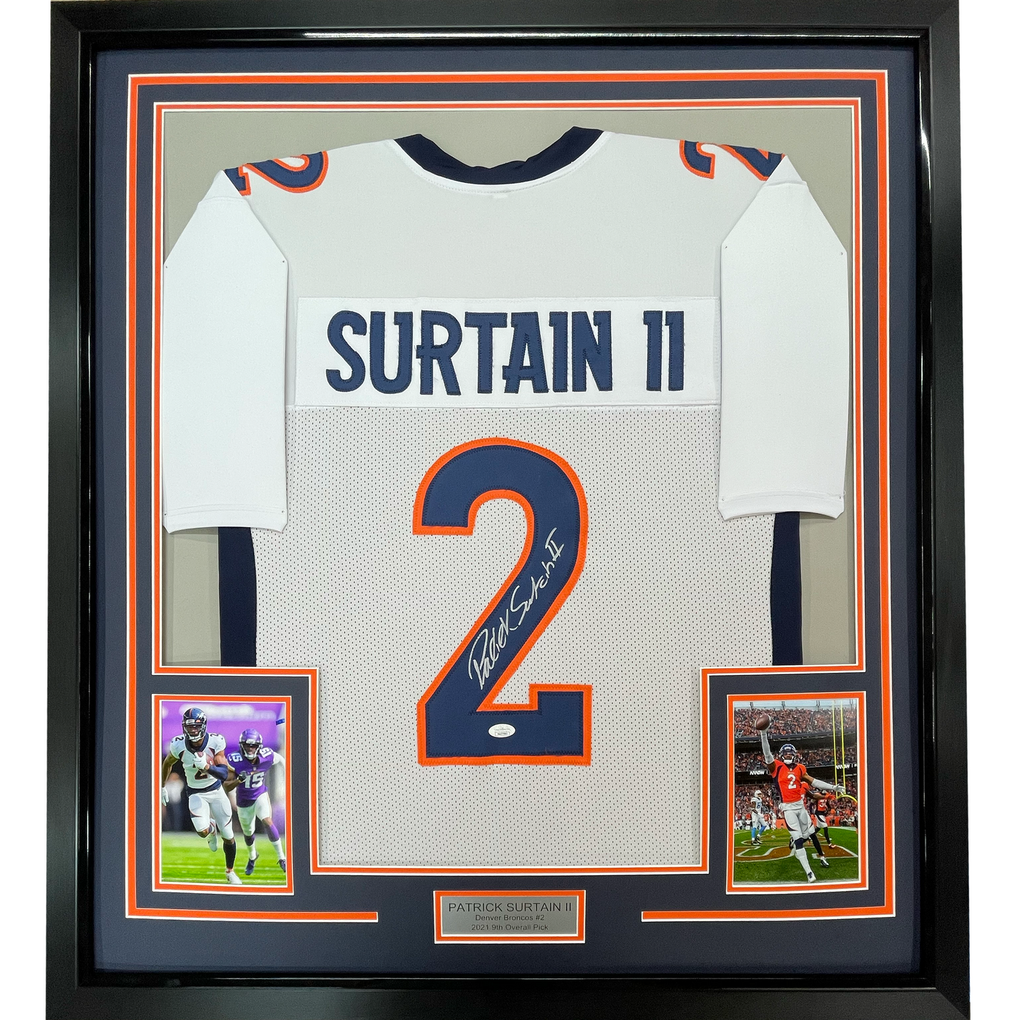 Framed Autographed/Signed Patrick Surtain II 35x39 Denver White Football Jersey JSA COA