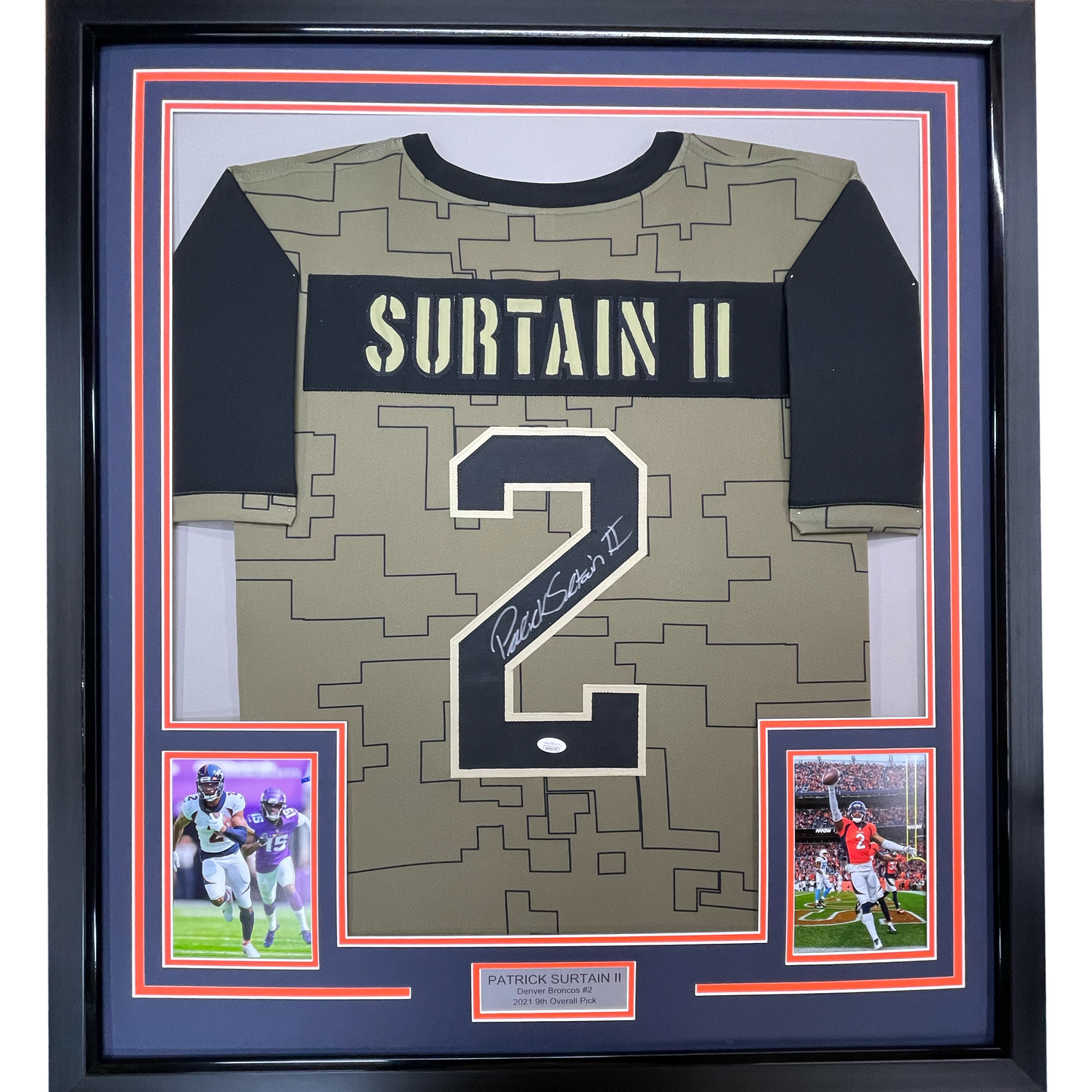 Framed Autographed/Signed Patrick Surtain II 35x39 Denver Salute To Service Football Jersey JSA COA