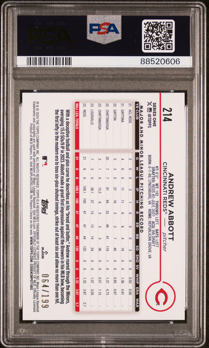 Graded 2024 Topps Andrew Abbott #214 Red Crackle Foil Board /199 Rookie RC Baseball Card PSA 10 Gem Mint