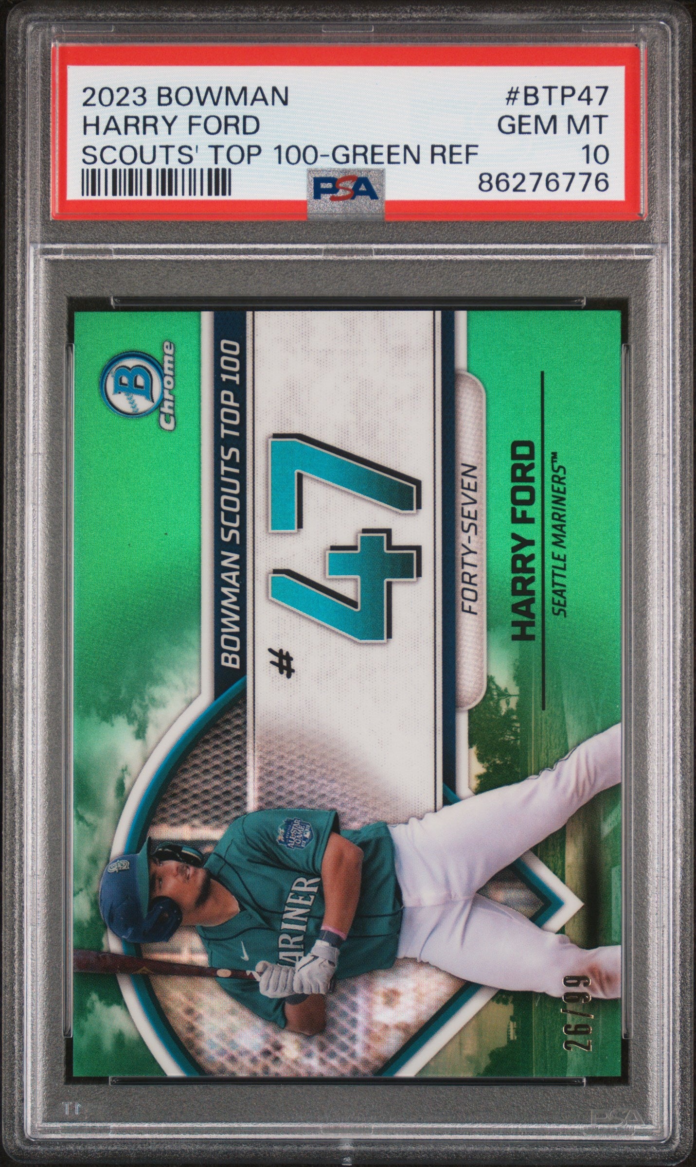 Graded 2023 Topps Bowman Harry Ford #BTP47 Scouts Top 100 Green Refractor /99 Rookie RC Baseball Card PSA 10 Gem Mint