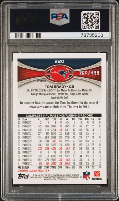 Graded 2012 Topps Chrome Tom Brady #220 Purple Refractor /499 Football Card PSA 10 Gem Mint