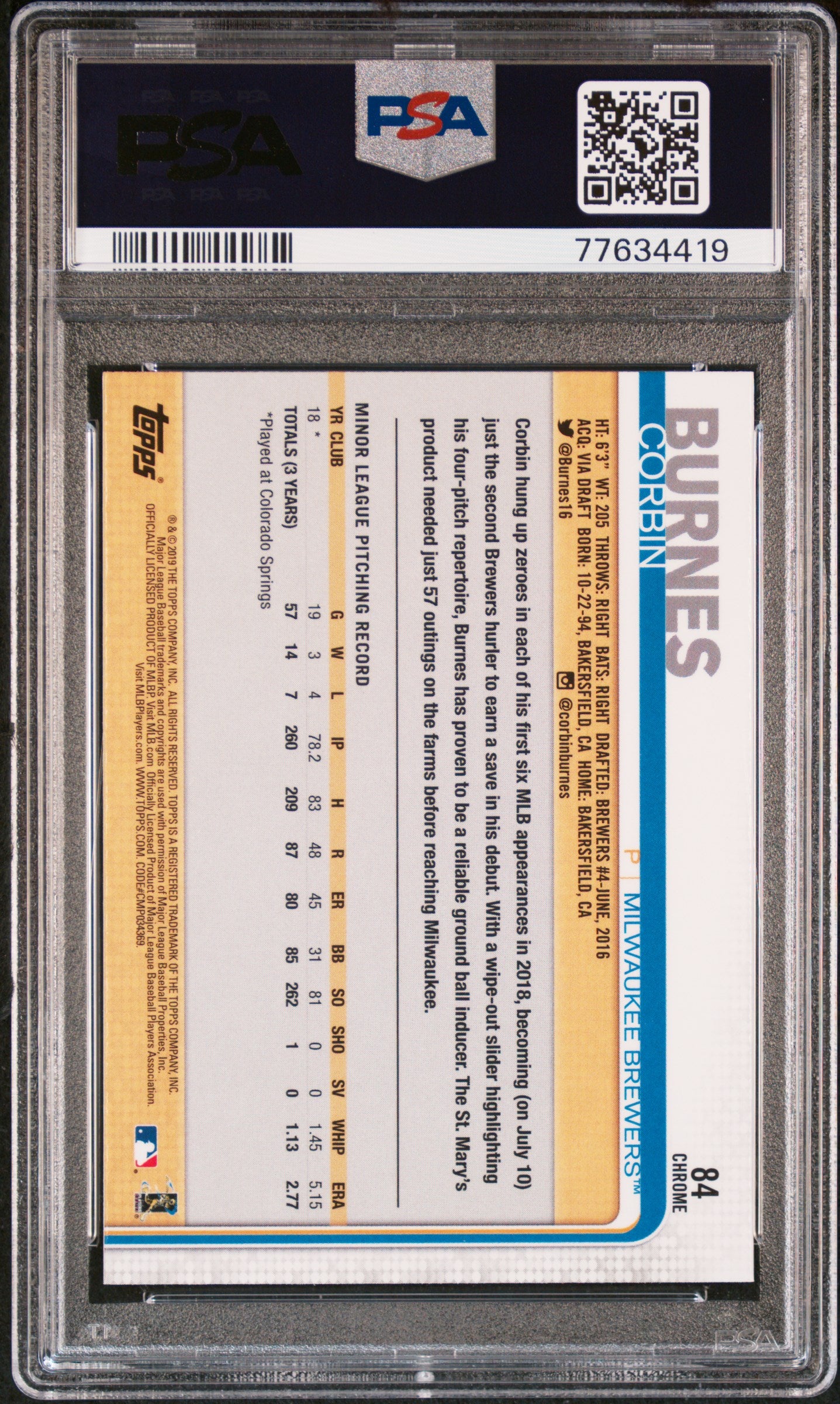 Graded 2019 Topps Chrome Corbin Burnes #84 Rookie RC Baseball Card PSA 10 Gem Mint