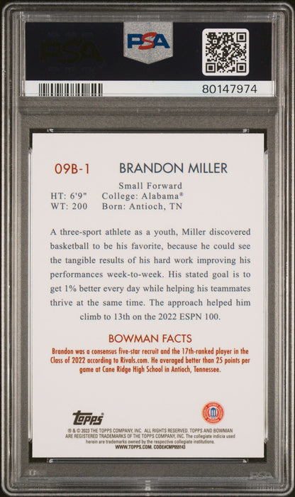 Graded 2022 Topps Bowman University Brandon Miller #09B1 2009 Bowman Rookie RC Basketball Card PSA 10 Gem Mint
