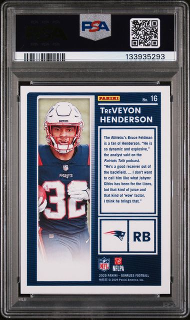 Graded 2025 Donruss The Rookies TreVeyon Henderson #16 Rookie RC Football Card PSA 10 Gem Mint