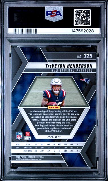 Graded 2025 Panini Mosaic TreVeyon Henderson #325 Reactive Yellow Rookie RC Football Card PSA 10 Gem Mint