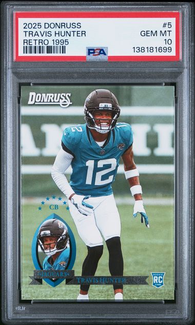 Graded 2025 Panini Donruss Travis Hunter #5 Retro 1995 Rookie RC Football Card PSA 10 Gem Mint