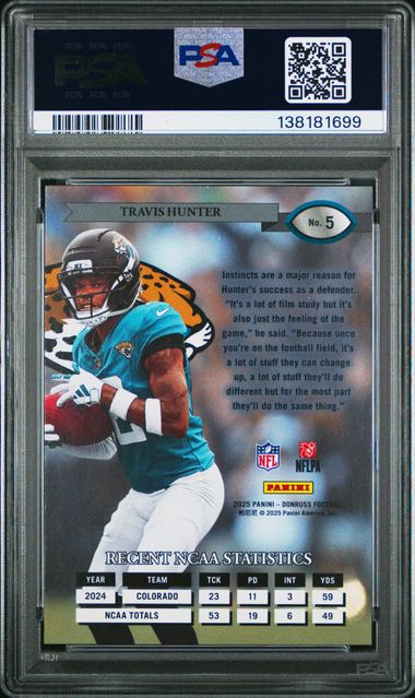 Graded 2025 Panini Donruss Travis Hunter #5 Retro 1995 Rookie RC Football Card PSA 10 Gem Mint