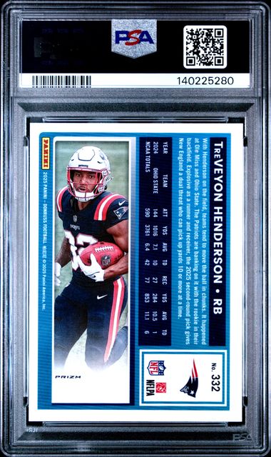 Graded 2025 Donruss TreVeyon Henderson #332 Optic Preview Holo Rookie RC Football Card PSA 10 Gem Mint