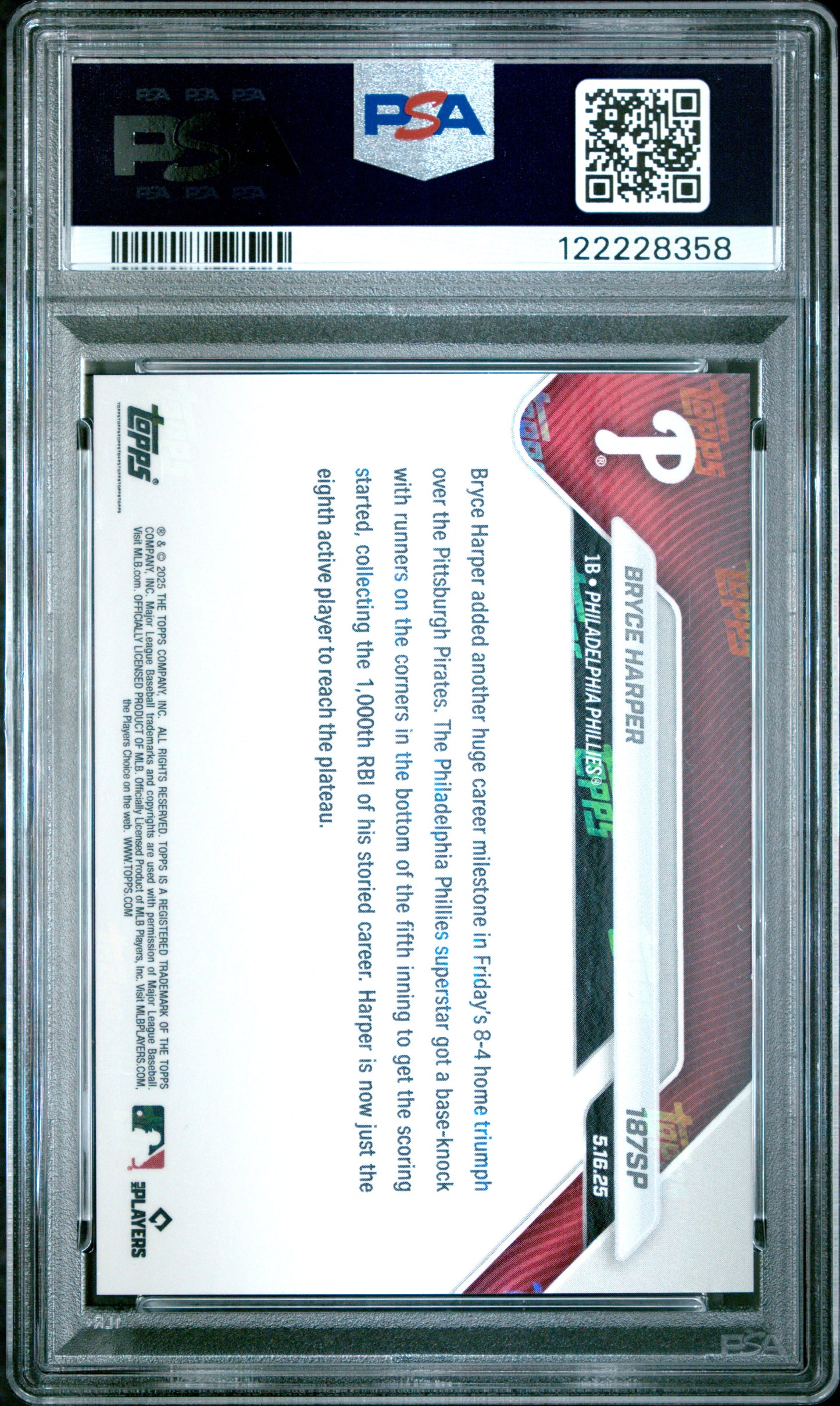Graded 2025 Topps Now Bryce Harper #187SP Baseball Card PSA 8 Near Mint