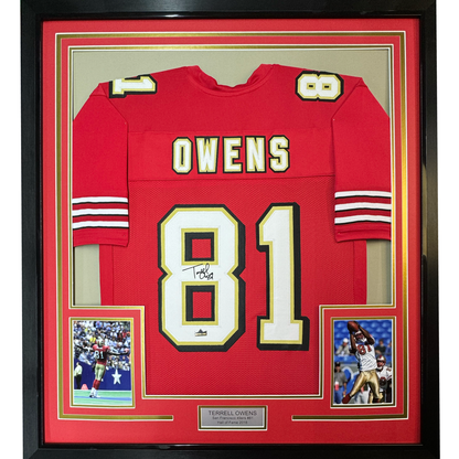 Framed Facsimile Autographed Terrell Owens 35x39 San Francisco Red Reprint Laser Auto Football Jersey