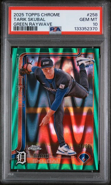 Graded 2025 Topps Chrome Tarik Skubal #258 /99 Green Raywave Baseball Card PSA 10 Gem Mint