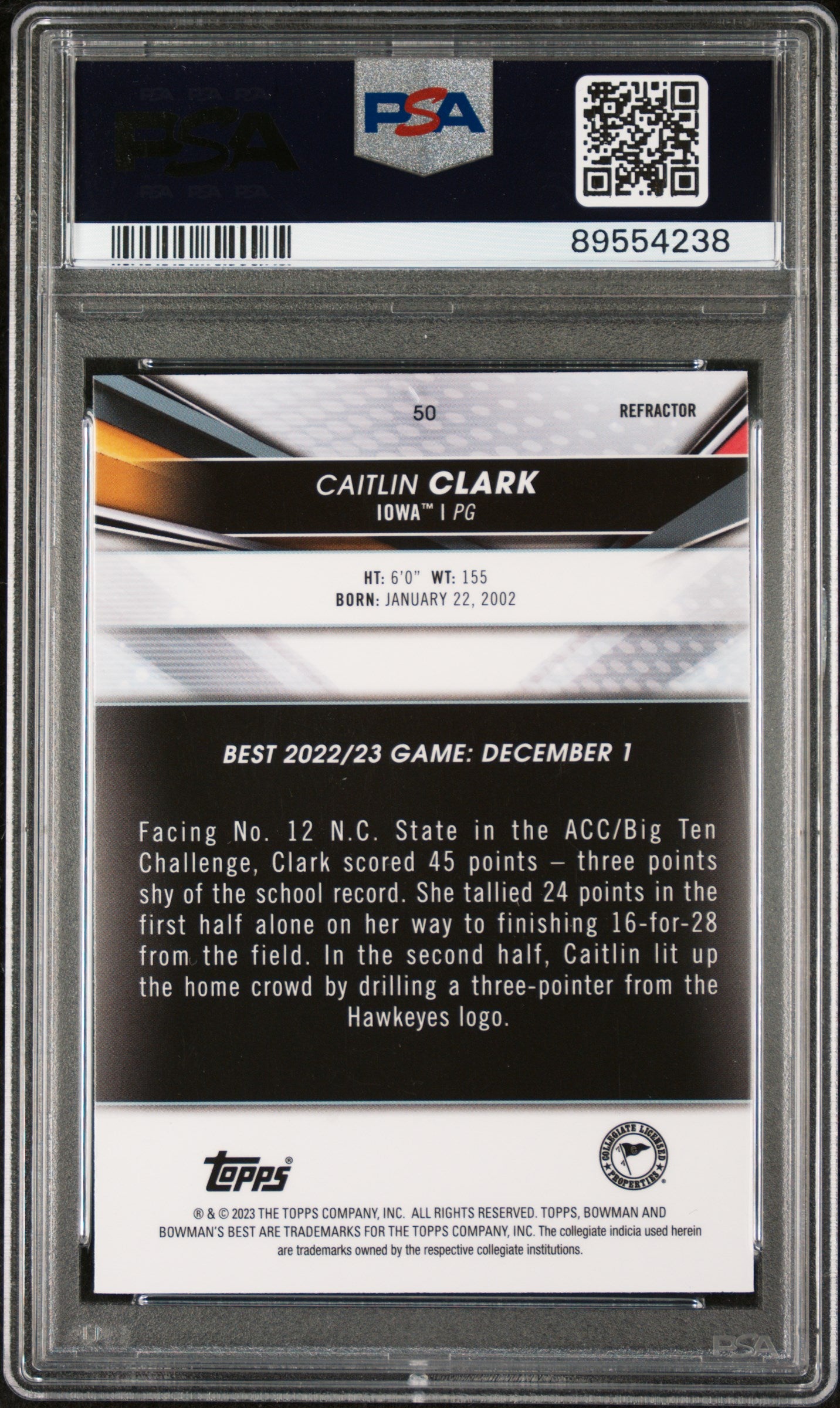Graded 2022 Topps Bowman University Best Caitlin Clark #50 Refractor Rookie RC Basketball Card PSA 8 Near Mint