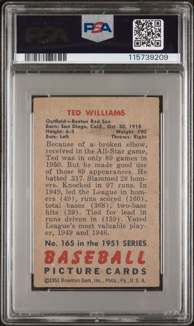 Graded 1951 Bowman Ted Williams #165 Baseball Card PSA 1