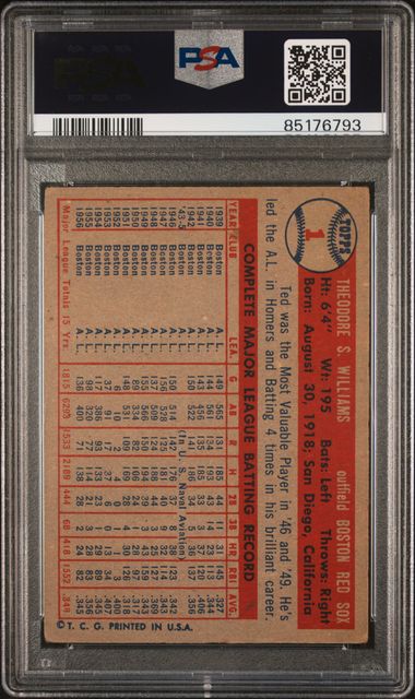 Graded 1957 Topps Ted Williams #1 Baseball Card PSA 2 Good
