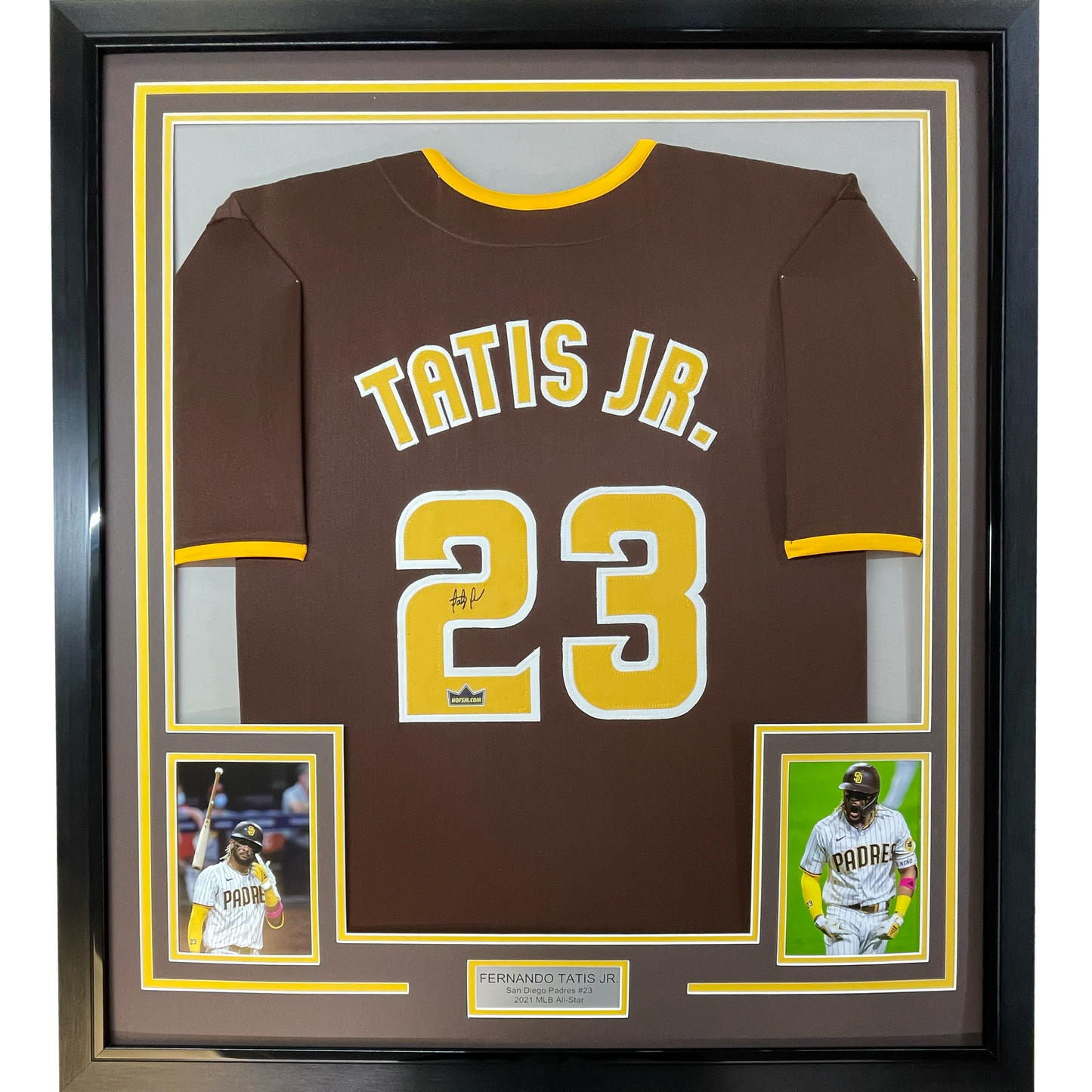 Framed Facsimile Autographed Fernando Tatis Jr. 35x39 San Diego Brown Reprint Laser Auto Baseball Jersey