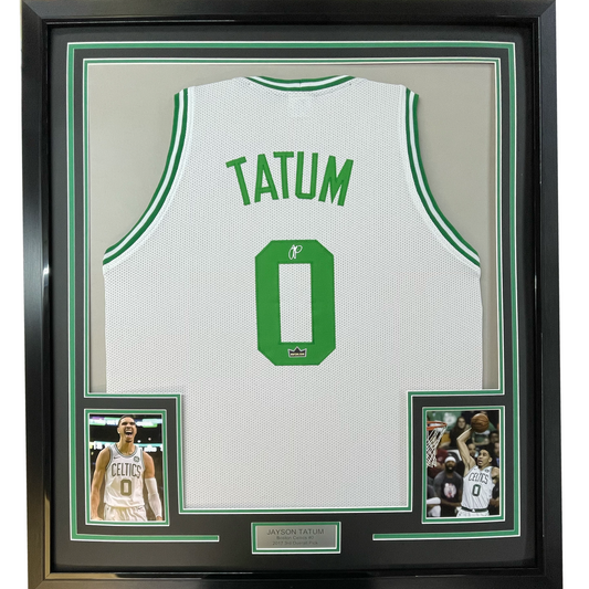 Framed Facsimile Autographed Jayson Tatum 35x39 Boston White Reprint Laser Auto Basketball Jersey