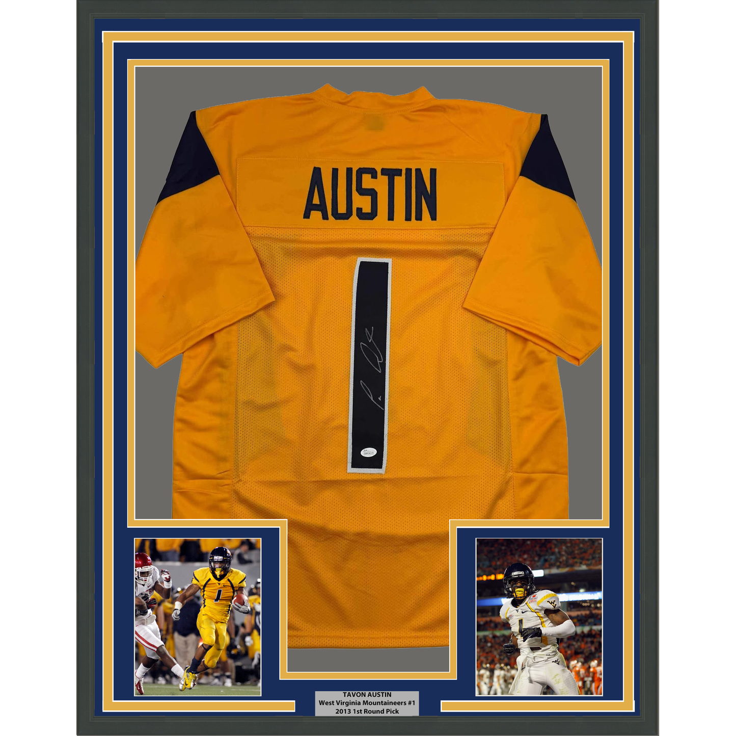 Framed Autographed/Signed Tavon Austin 35x39 West Virginia Yellow College Football Jersey JSA COA