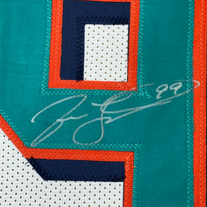 Framed Autographed/Signed Jason Taylor 35x39 Miami White Football Jersey Beckett BAS COA
