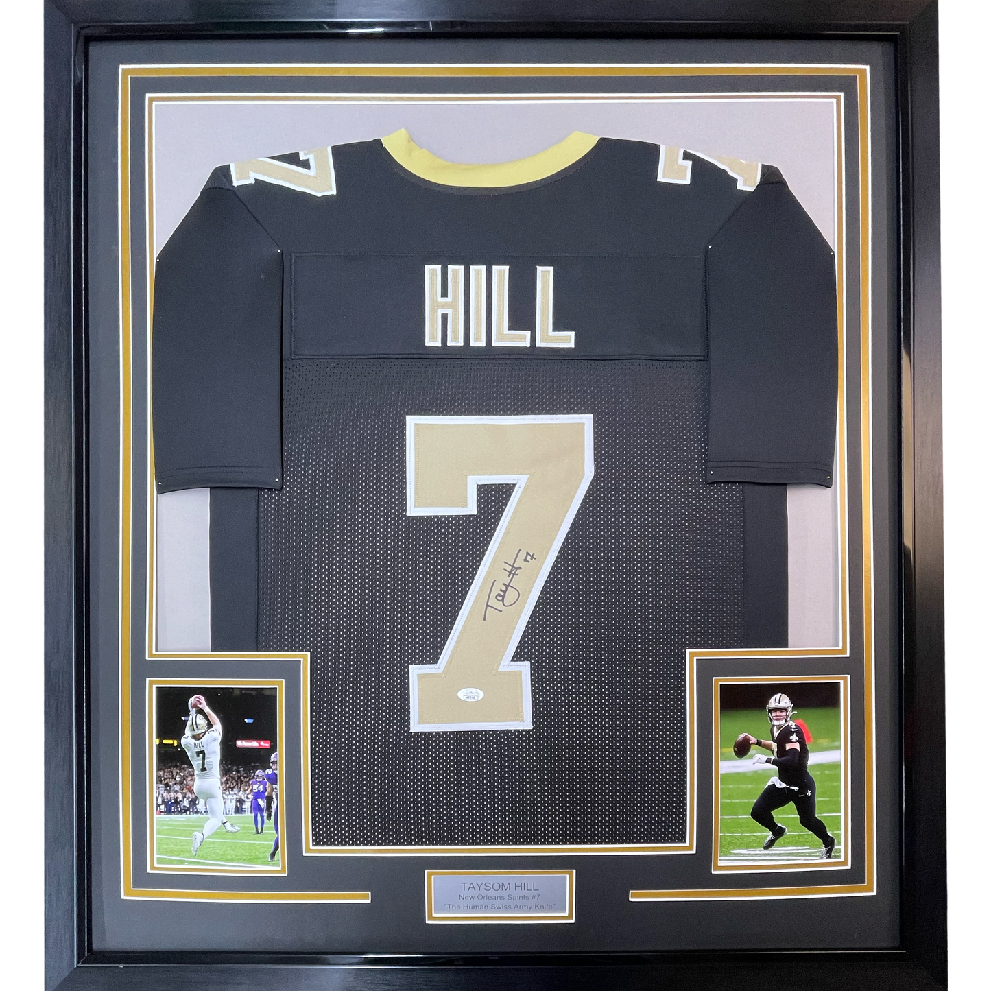 Framed Autographed/Signed Taysom Hill 35x39 New Orleans Black Football Jersey Beckett BAS COA