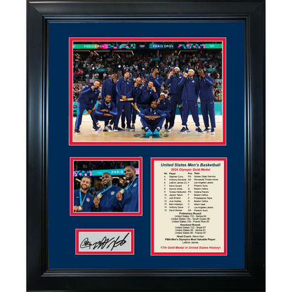 Framed 2024 United States USA Basketball Gold Medal Stephen Curry, LeBron James, Kevin Durant Facsimile Laser Engraved Signature Auto Basketball 11"x14" Photo Sig Collage