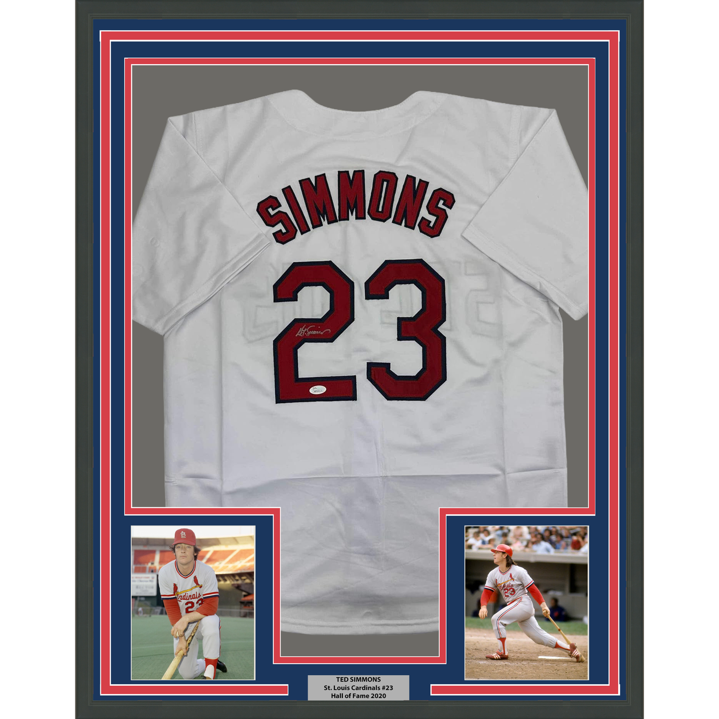 Framed Autographed/Signed Ted Simmons 35x39 St. Louis White Baseball Jersey JSA COA