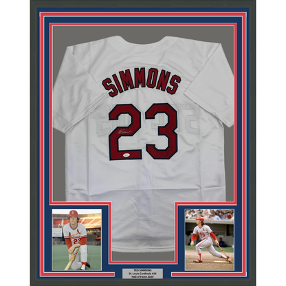 Framed Autographed/Signed Ted Simmons 35x39 St. Louis White Baseball Jersey JSA COA