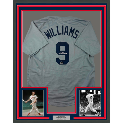 Framed Facsimile Autographed Ted Williams 35x39 Boston Grey Reprint Laser Auto Baseball Jersey