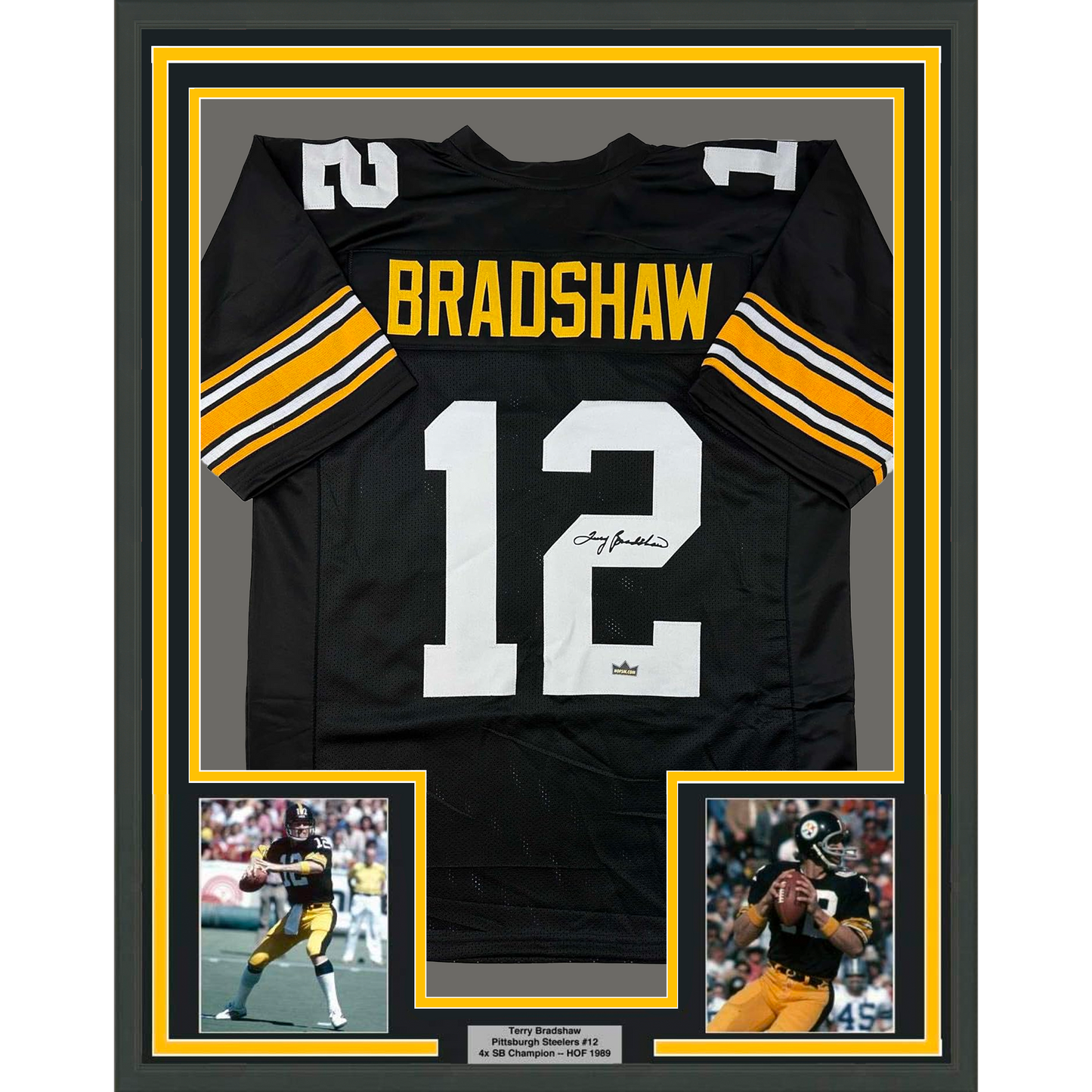 Framed Facsimile Autographed Terry Bradshaw 35x39 Pittsburgh Black Reprint Laser Auto Football Jersey