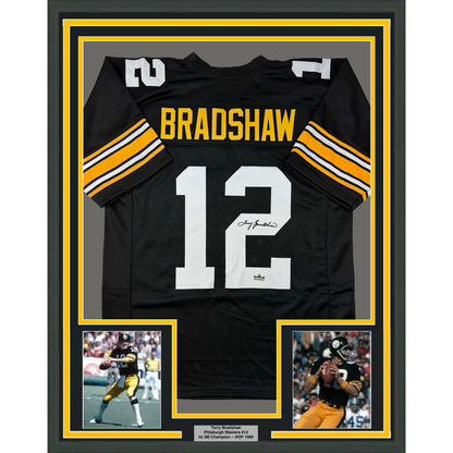 Framed Facsimile Autographed Terry Bradshaw 35x39 Pittsburgh Black Reprint Laser Auto Football Jersey