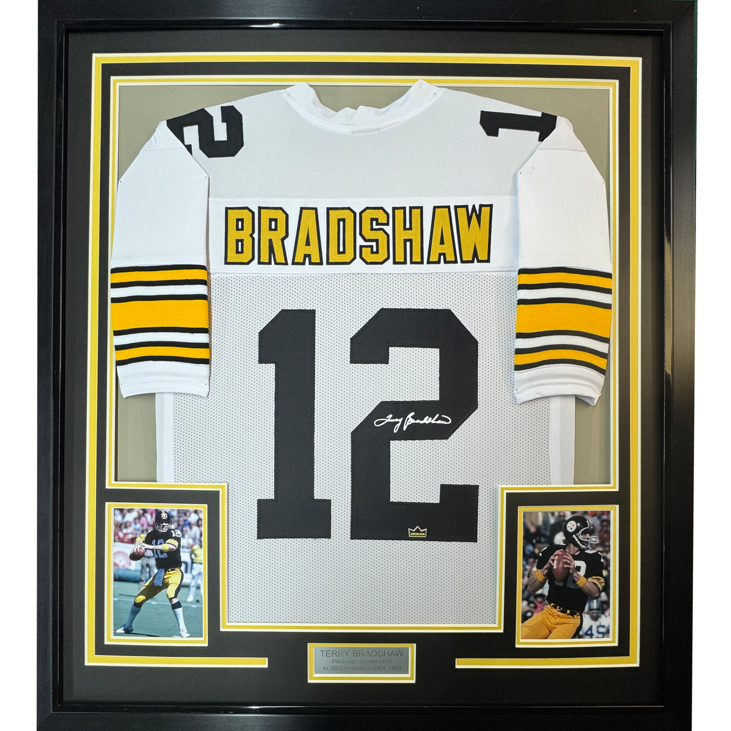 Framed Facsimile Autographed Terry Bradshaw 35x39 Pittsburgh White Reprint Laser Auto Football Jersey