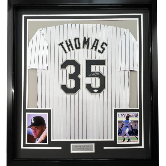 Framed Autographed/Signed Frank Thomas 35x39 Chicago Pinstripe Baseball Jersey JSA COA