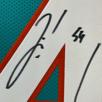 Framed Autographed/Signed Zach Thomas 35x39 Miami Teal Football Jersey JSA COA