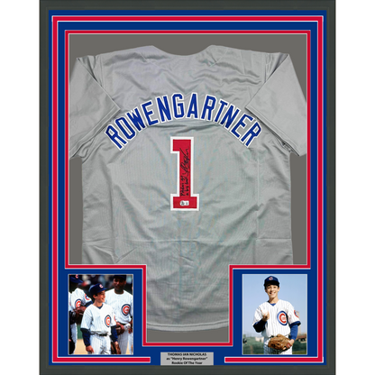 Framed Autographed/Signed Thomas Ian Nicholas Henry Rowengartner Rookie 35x39 Of The Year Chicago Grey Baseball Jersey Beckett BAS COA