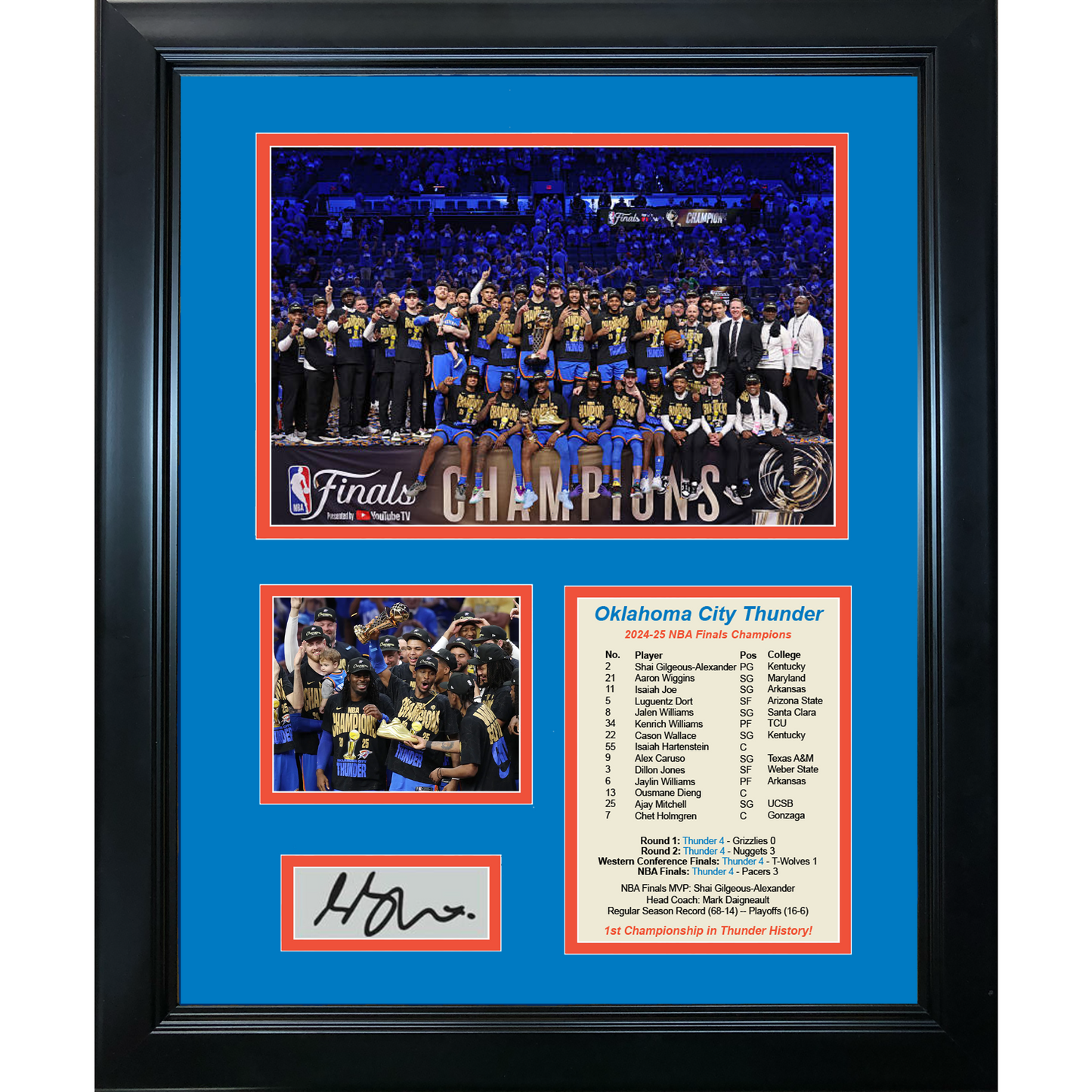 Framed Oklahoma City Thunder 2024-2025 NBA Finals Champions Shai Gilgeous-Alexander SGA MVP Most Valuable Player Facsimile Laser Engraved Signature Auto Basketball 11"x14" Photo Sig Collage