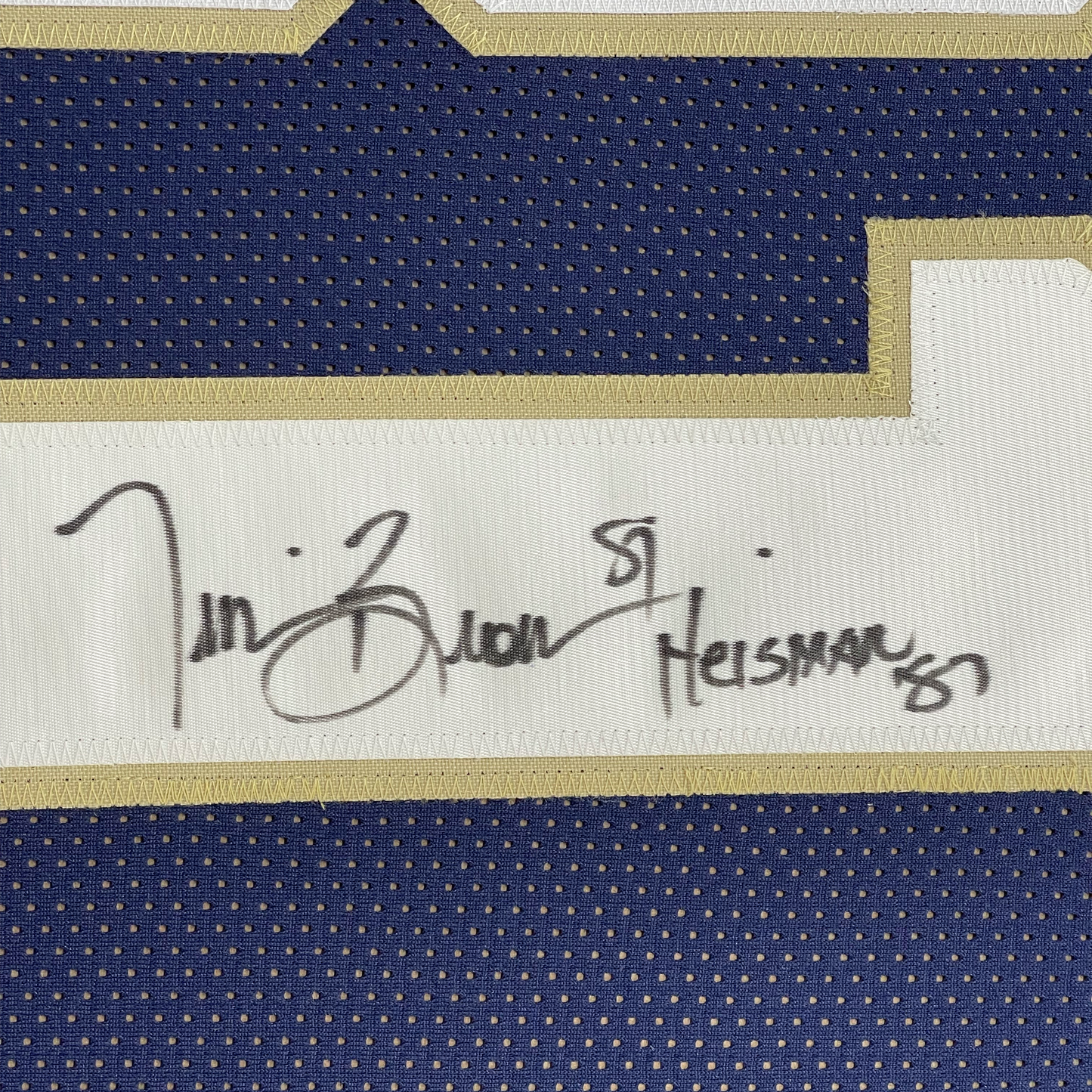 Framed Autographed/Signed Tim Brown 35x39 Heisman 87 Notre Dame Blue College Football Jersey Beckett BAS COA
