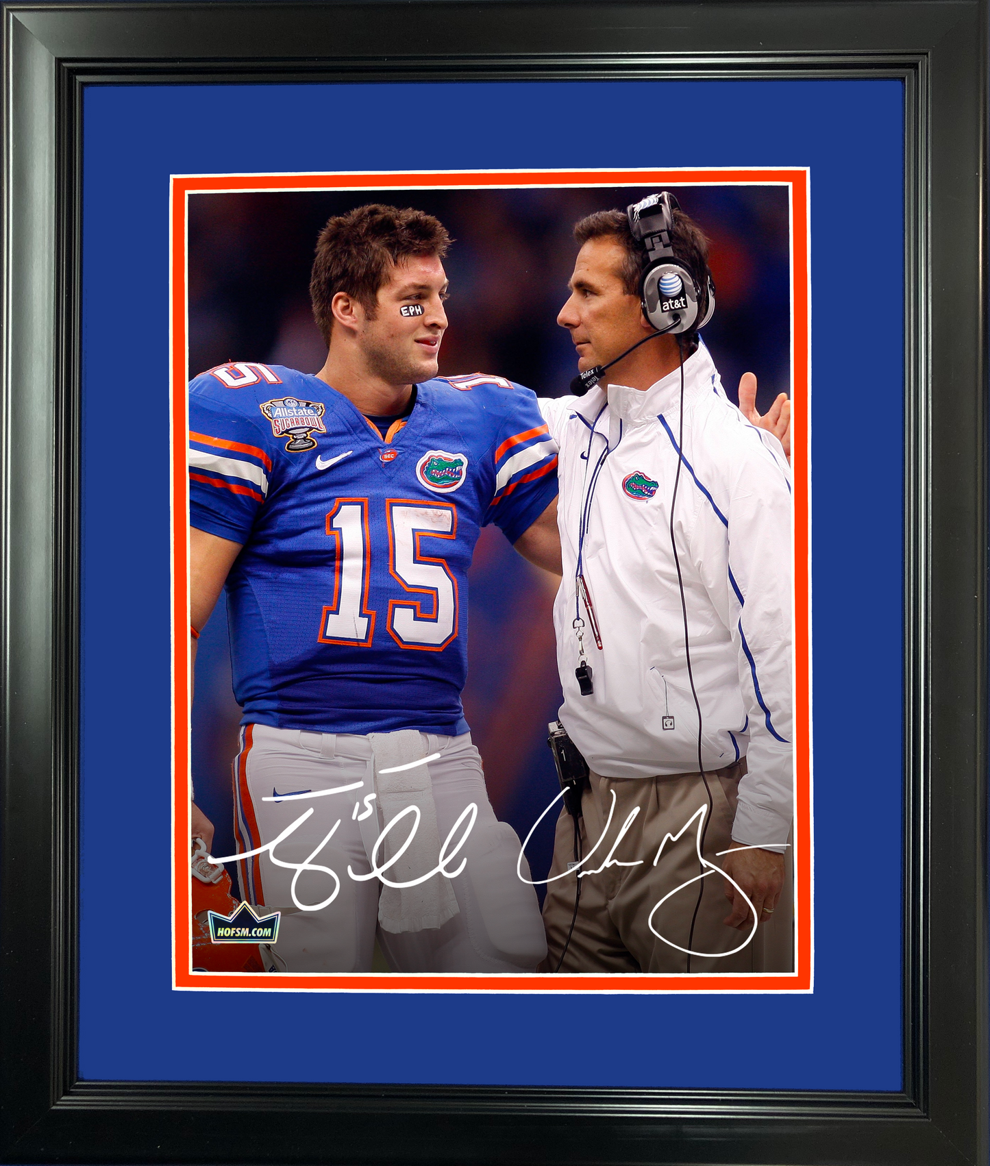 Framed Tim Tebow Urban Meyer 2x National Champions Dual Facsimile Laser Engraved Signature Auto Florida Gators 11"x14" College Football Photo HOFSM Holo