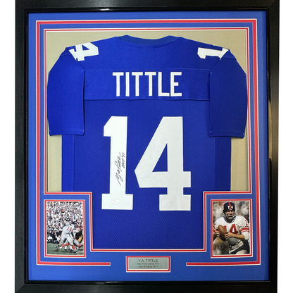 Framed Autographed/Signed YA Y.A. Tittle HOF 71 35x39 New York Blue Football Jersey JSA COA