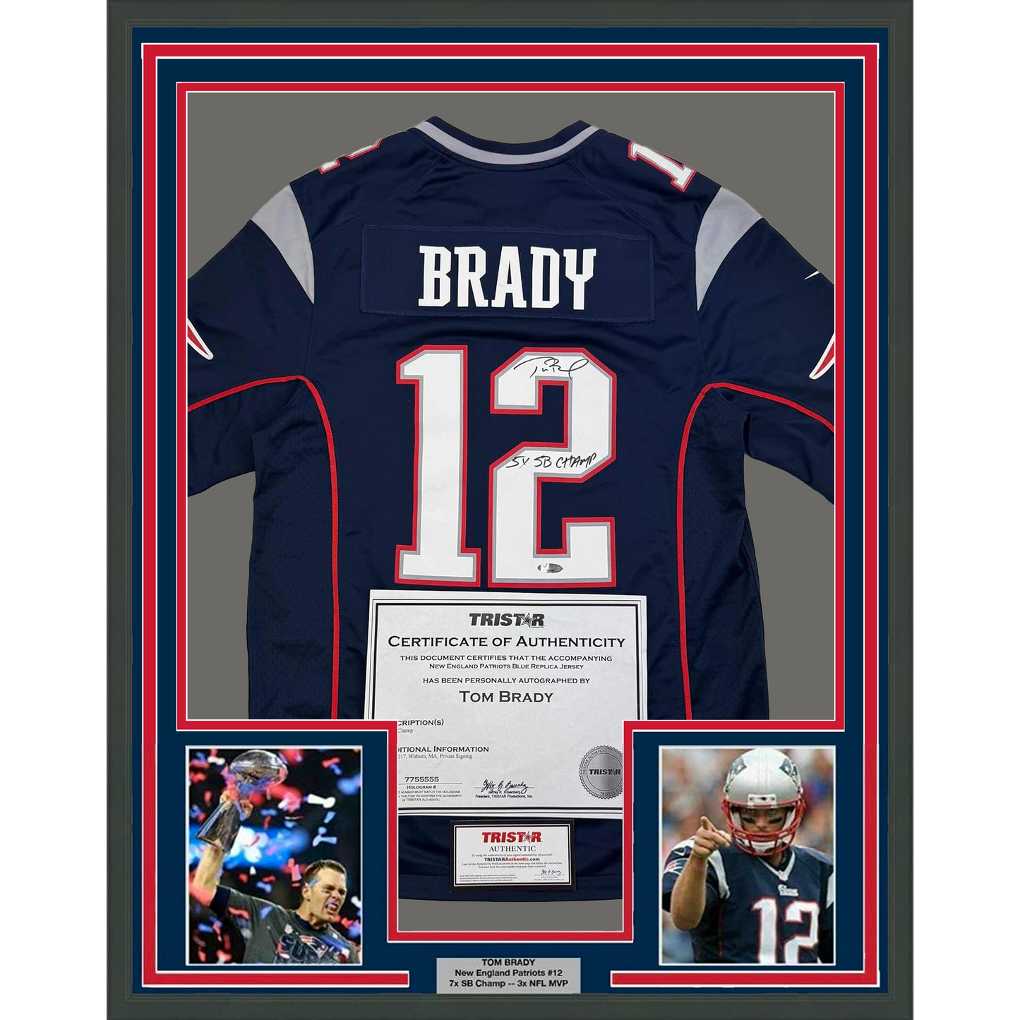 Framed Autographed/Signed Tom Brady "5x SB Champ" 35x39 New England Patriots Blue Authentic Nike Football Jersey Tristar COA