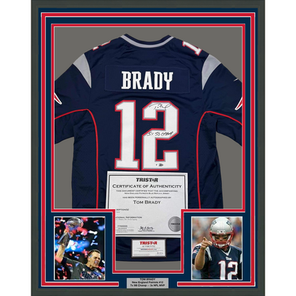 Framed Autographed/Signed Tom Brady "5x SB Champ" 35x39 New England Patriots Blue Authentic Nike Football Jersey Tristar COA