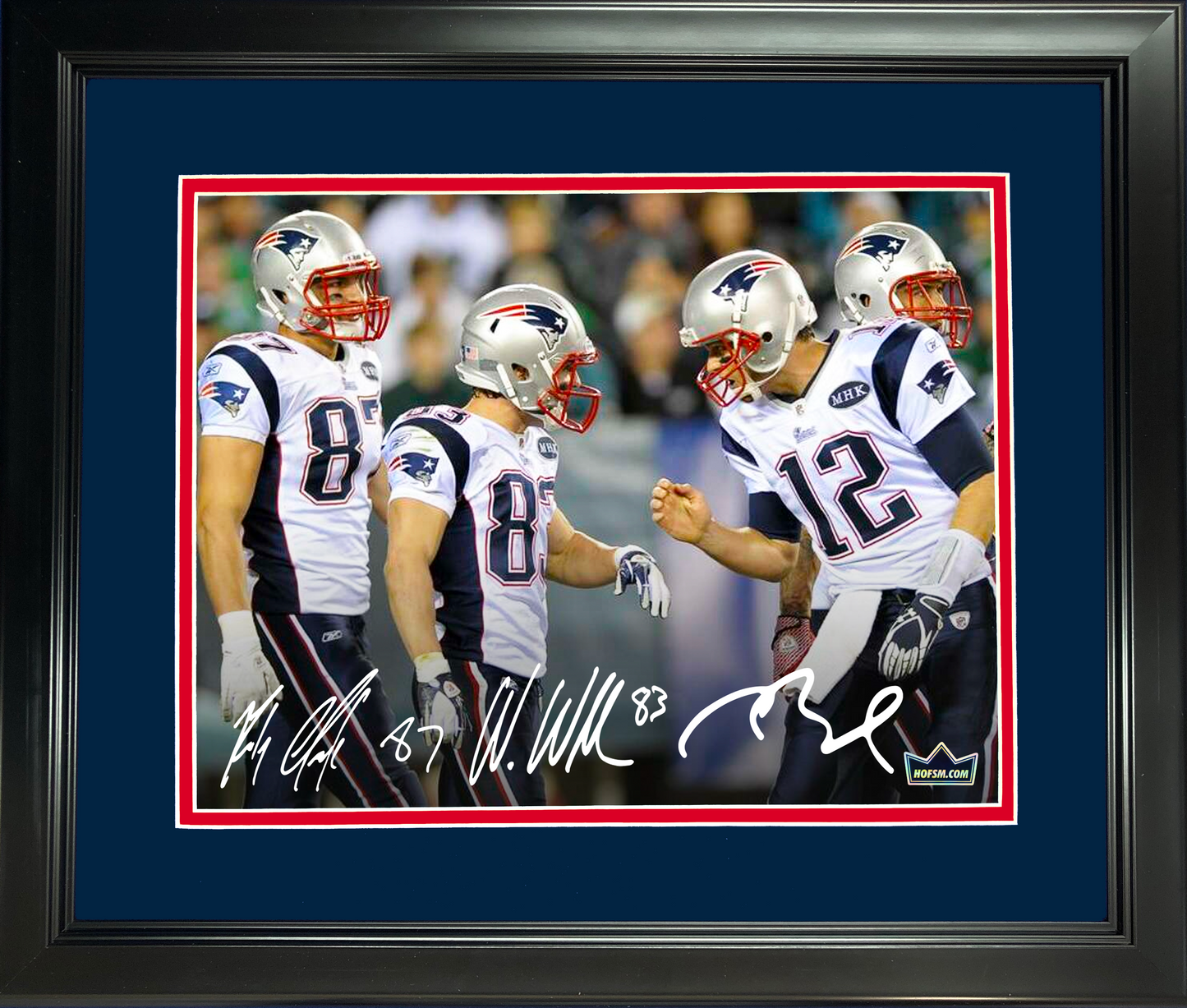 Framed Tom Brady, Rob Gronkowski & Wes Welker Facsimile Laser Engraved Signature Auto New England Patriots 11"x14" Football Photo HOFSM Holo