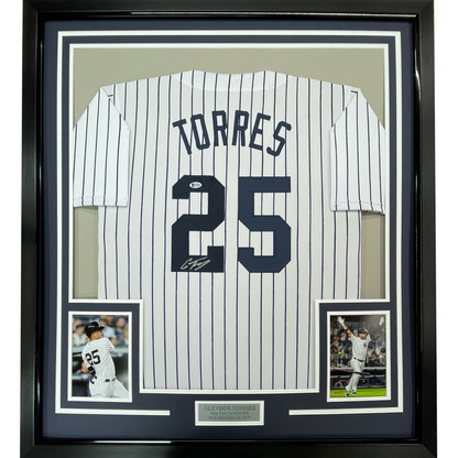 Framed Autographed/Signed Gleyber Torres 35x39 New York Pinstripe Baseball Jersey Beckett BAS COA